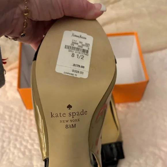 kate spade Beige and Black Peep-Toe Slingback Mules with Bow - Picture 3 of 6